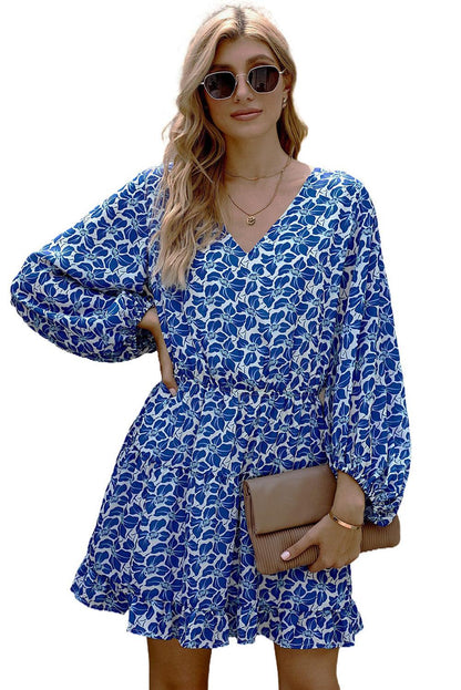 Blue V Neck Lantern Sleeves Floral Tunic Dress - L & M Kee, LLC