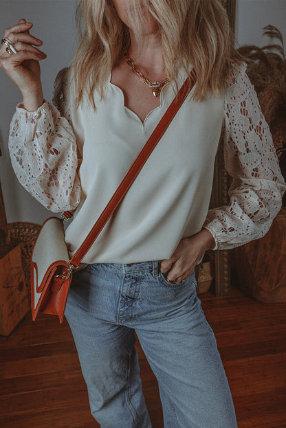 White Scalloped V Neckline Lace Hollowed Lantern Sleeve Blouse