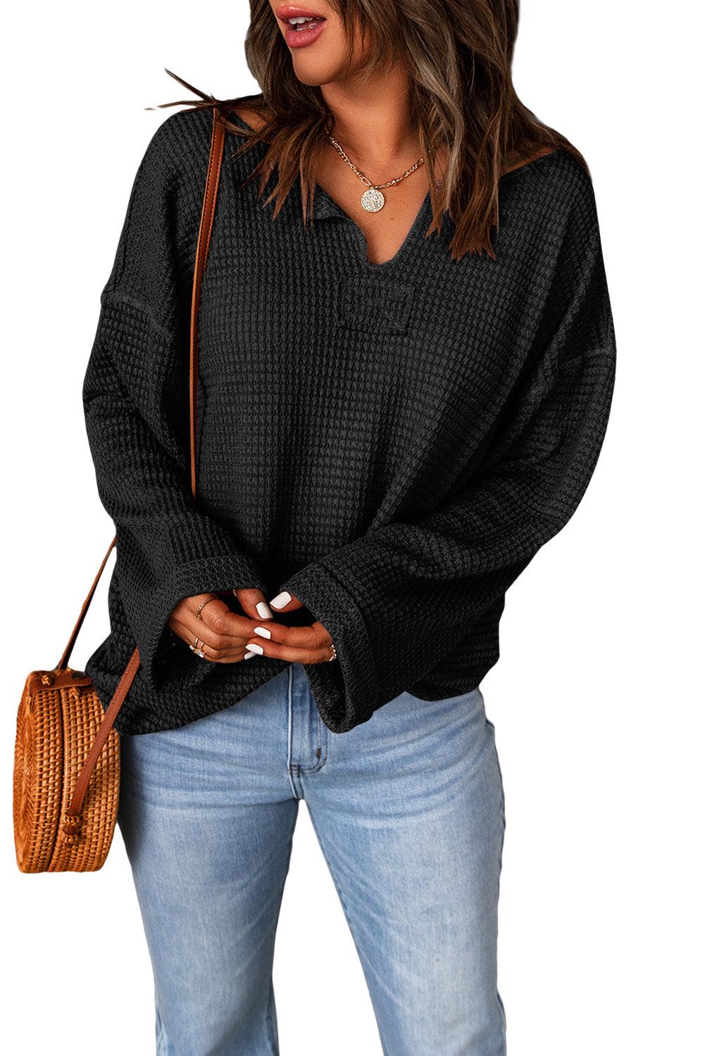 Black Waffle Knit Loose Long Sleeve Top - L & M Kee, LLC