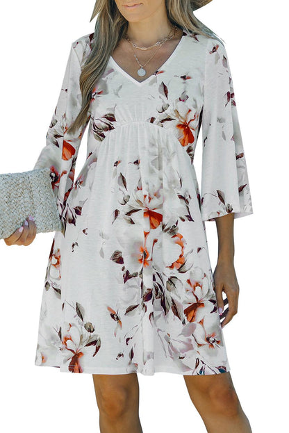 V Neck 3/4 Sleeve Floral Dress - L & M Kee, LLC