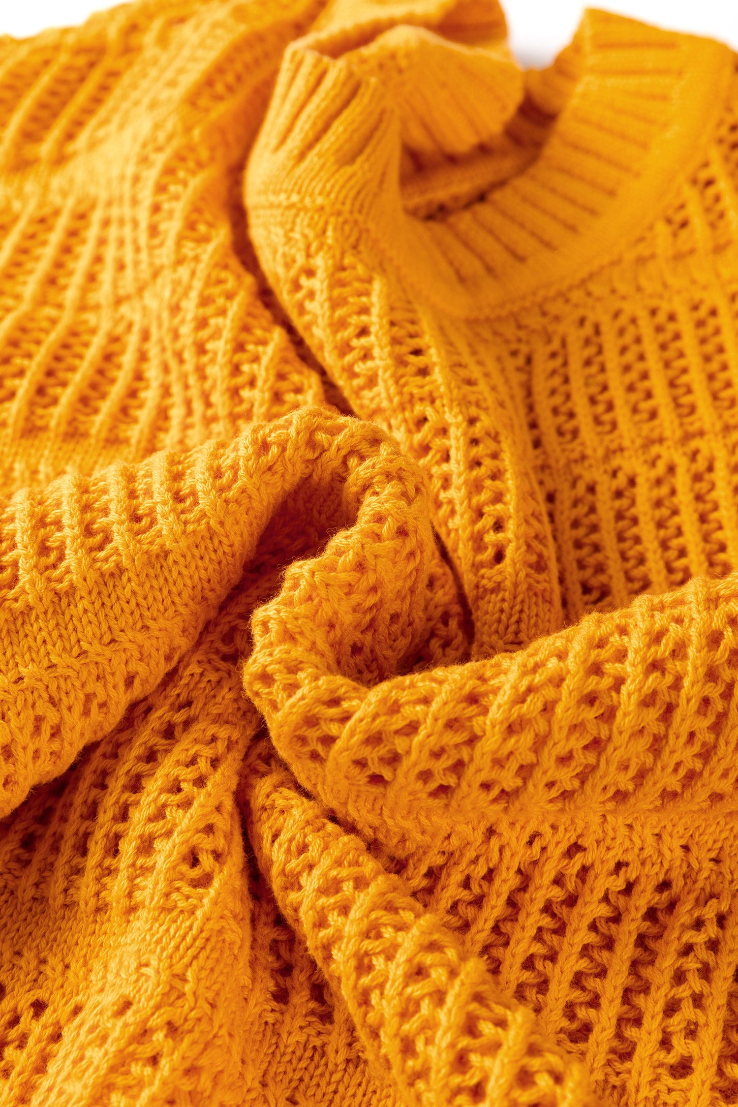 Mustard Hollow out Openwork Knit 3/4 Sleeve Sweater