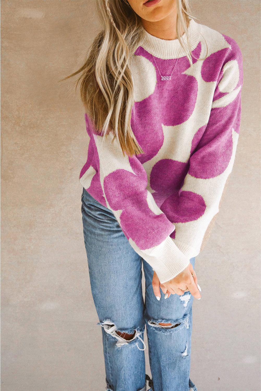 Bright Pink Big Flower Pattern Drop Shoulder Sweater - L & M Kee, LLC