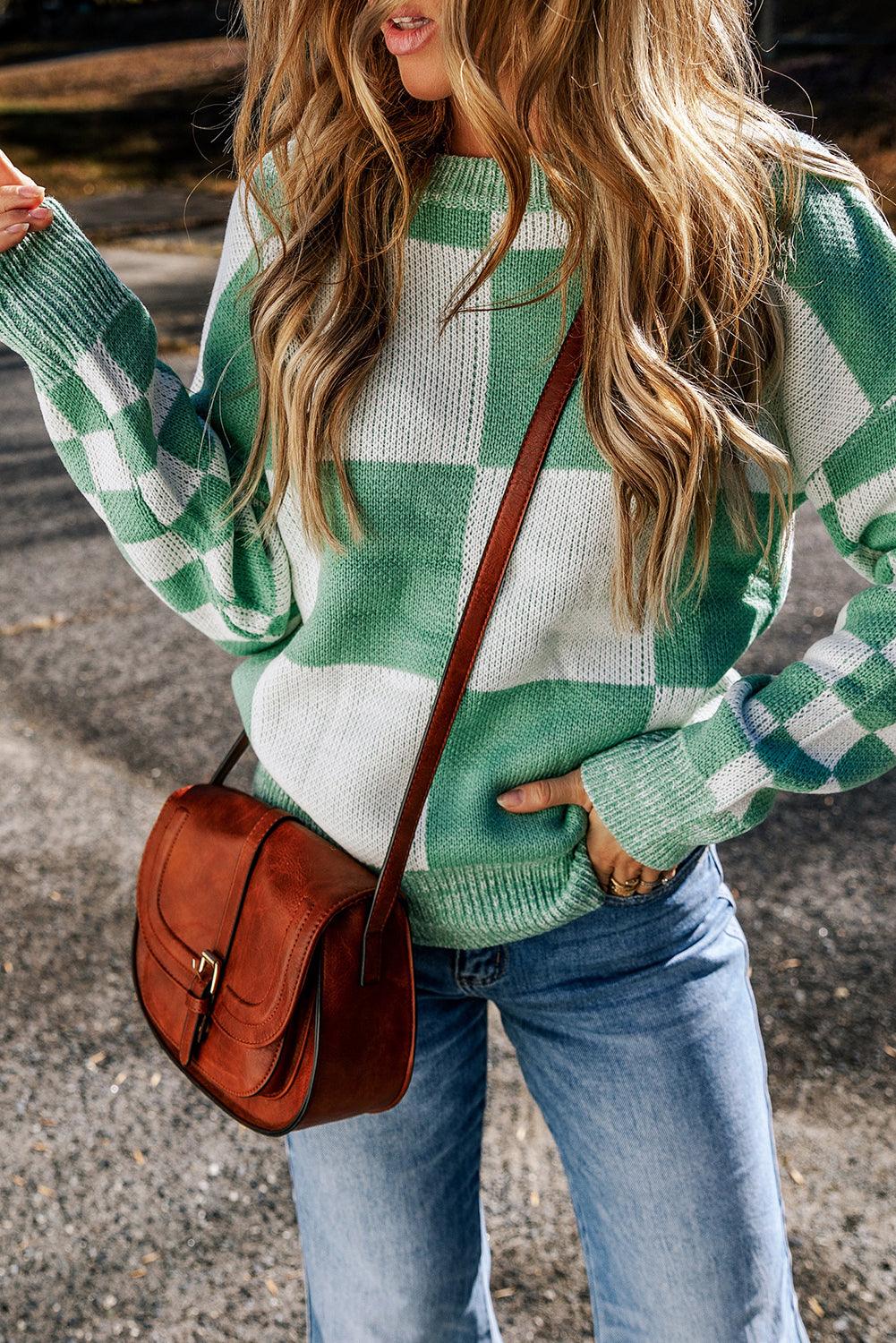 Mint Green Checkered Print Drop Shoulder Sweater - L & M Kee, LLC