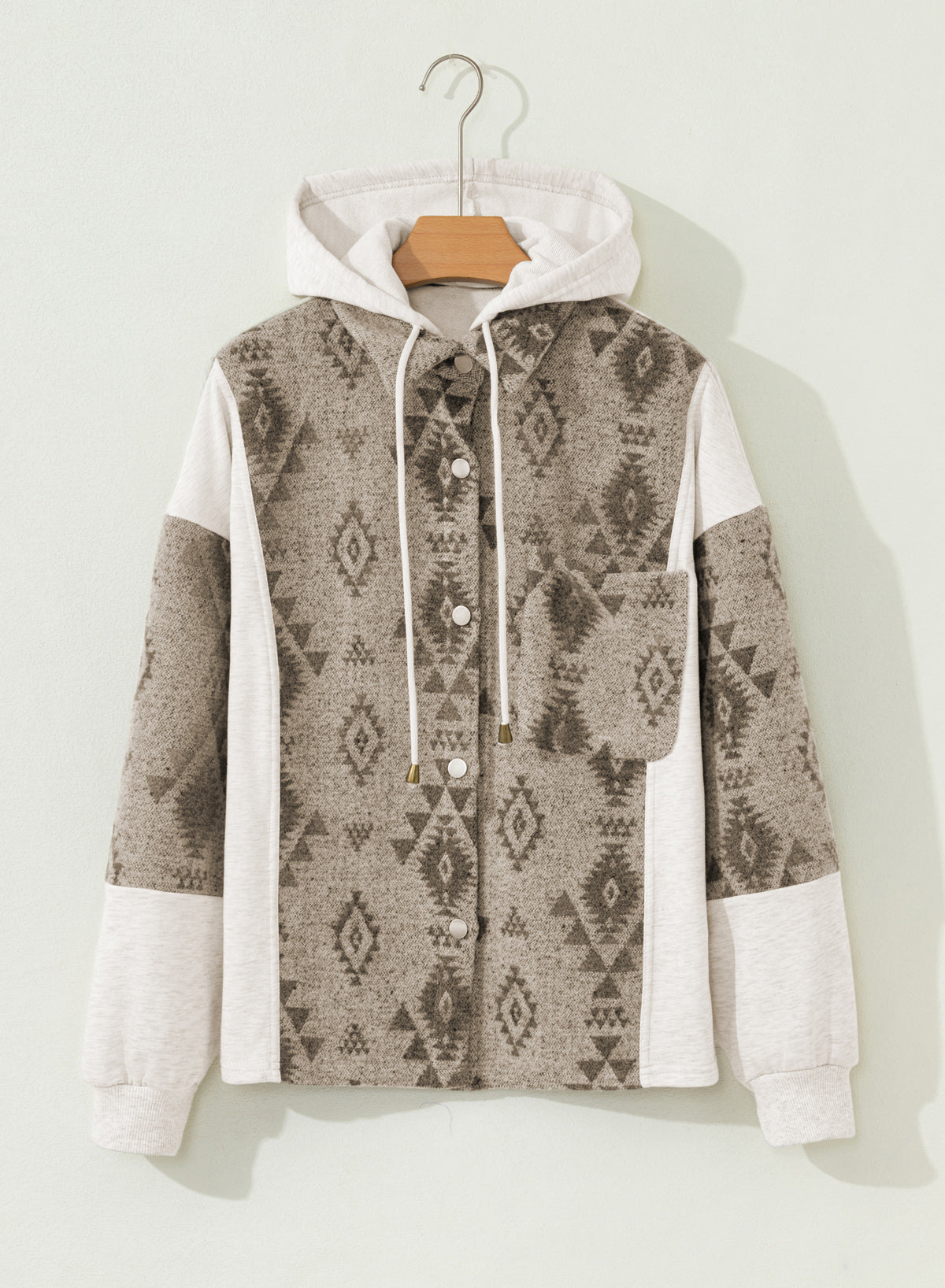 Gray Western Aztec Print Color Block Patchwork Drawstring Hooded Shacket