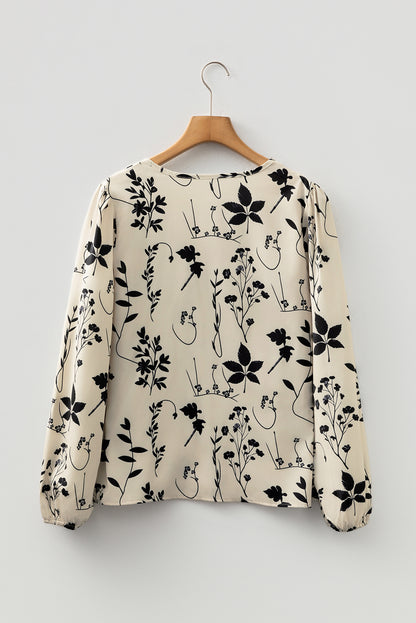 Khaki Botanical Floral Print Split Neck Long Sleeve Blouse