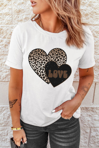 White Leopard LOVE Double Heart Printed Valentines Graphic Tee