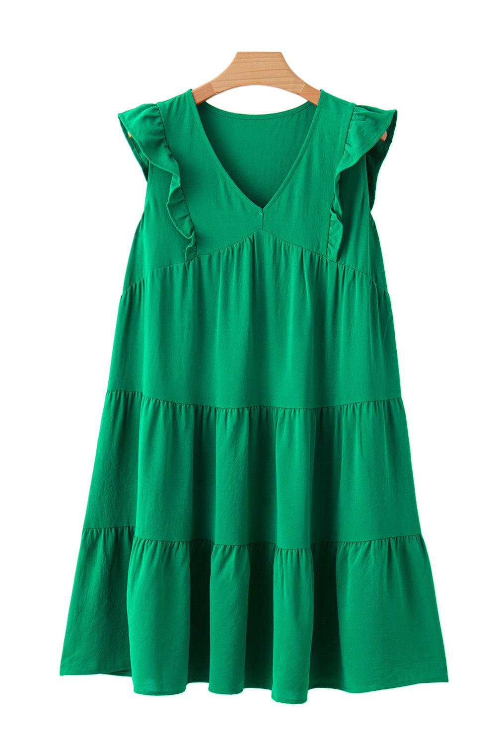 Bright Green Solid Color V Neck Ruffle Tiered Mini Dress - L & M Kee, LLC