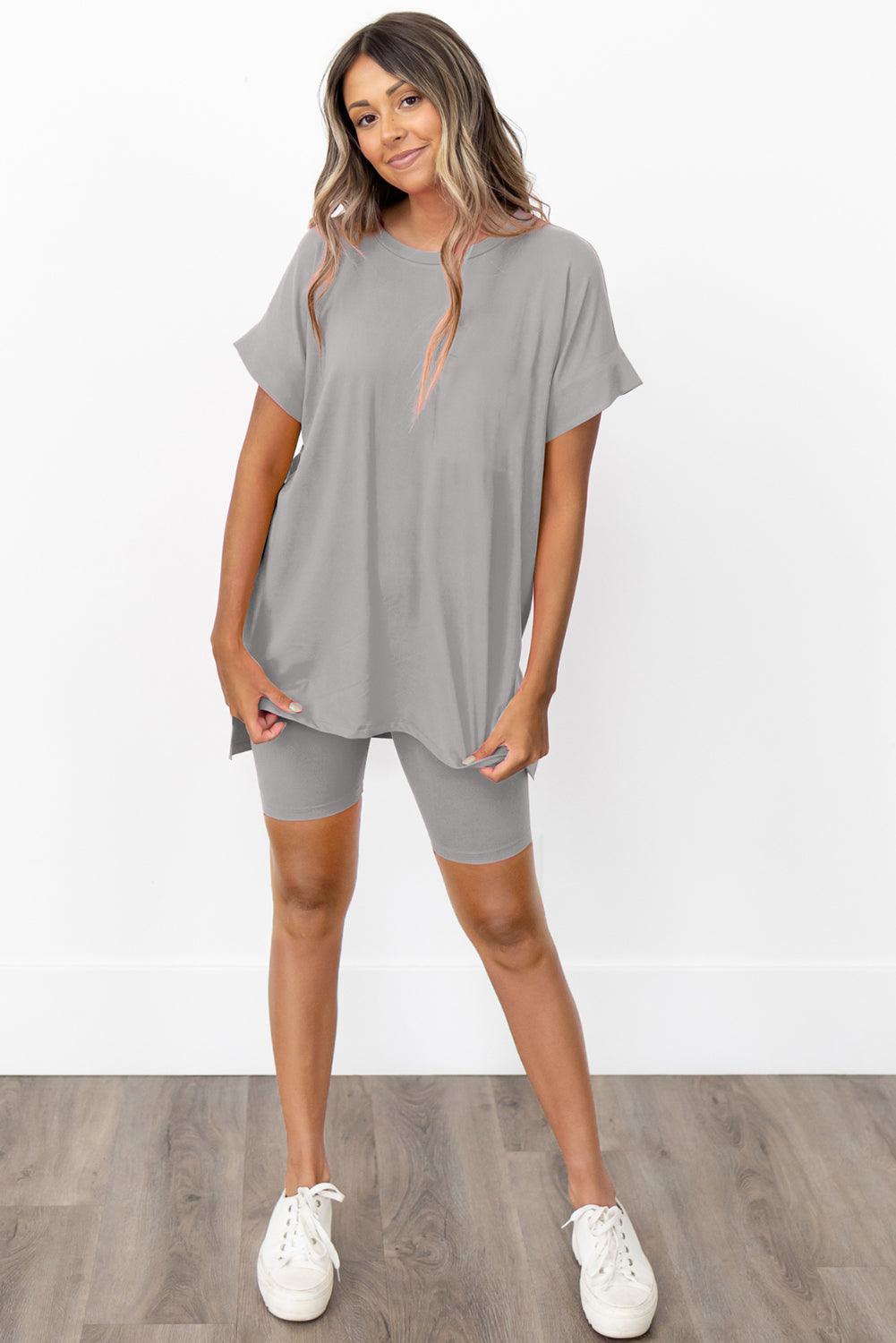 Gray Solid Split Hem Tunic Tee and Tight Shorts Set - L & M Kee, LLC