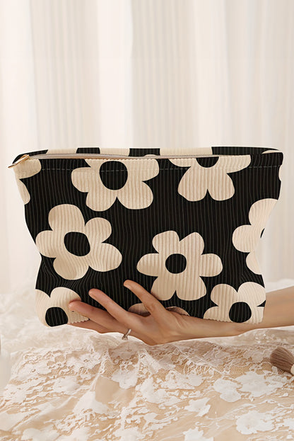 Black Colorful Flower Printed Rib Textured Cosmetic Bag