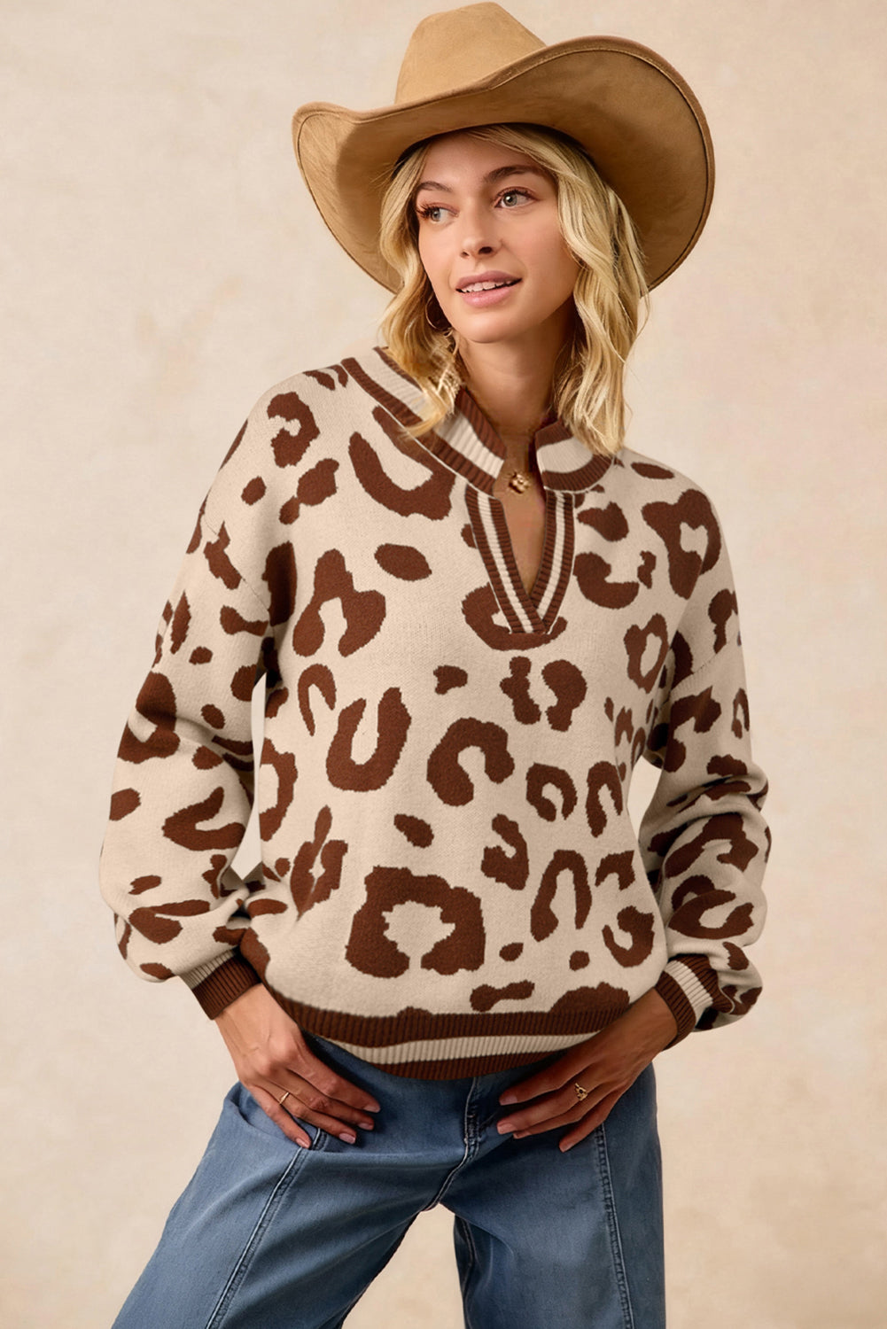 Light French Beige Leopard Printed Knit V Neck Casual Sweater