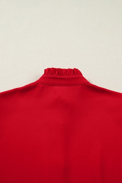 Fiery Red Frilled Trim Button Up Pleated Long Sleeve Shirt