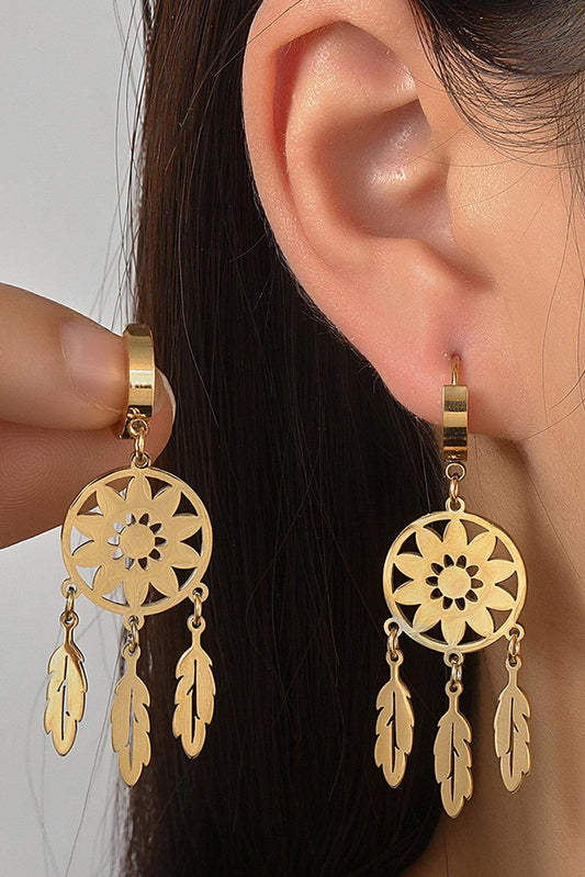 Gold Dream Catcher Feather Fringed Alloy Dangle Earrings - L & M Kee, LLC