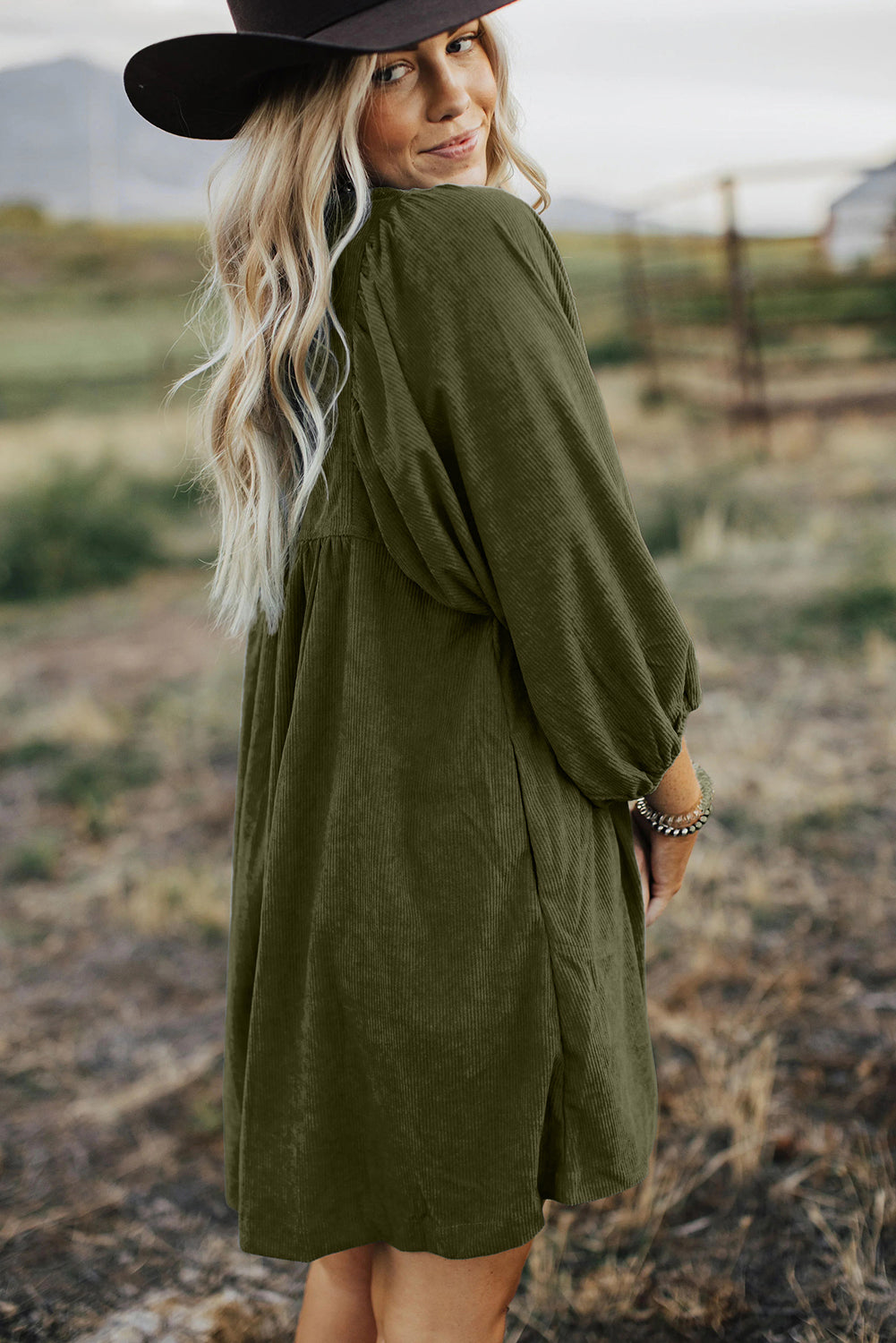 Vineyard Green Corduroy Snap Buttons Empire Waist Bracelet Sleeve Dress