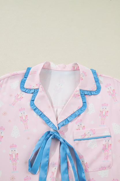 Pink Bow Tie Front Christmas Nutcracker Long Sleeve Shirt Shorts Pajama Set