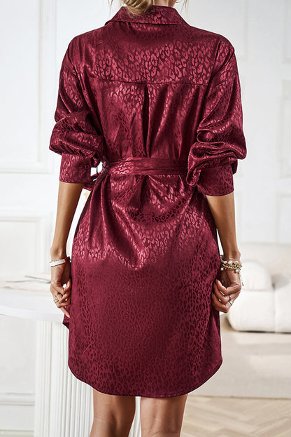 Burgundy Sleek Leopard Long Sleeve Tie Waist Shirt Dress