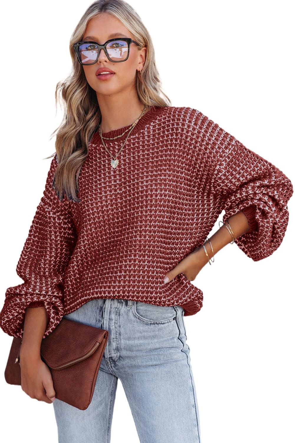 Red Heathered Knit Drop Shoulder Puff Sleeve Sweater - L & M Kee, LLC