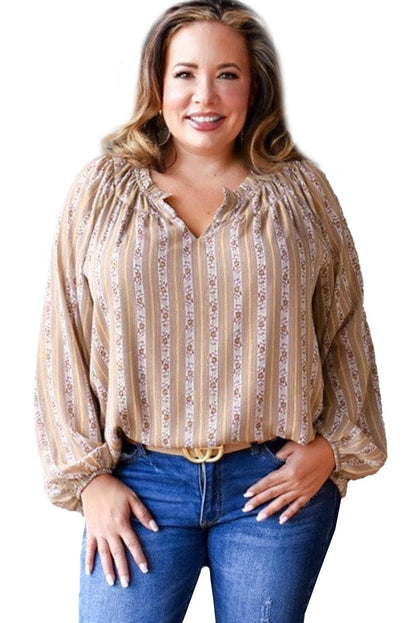 Plus Size Printed Split Neck Blouse - L & M Kee, LLC