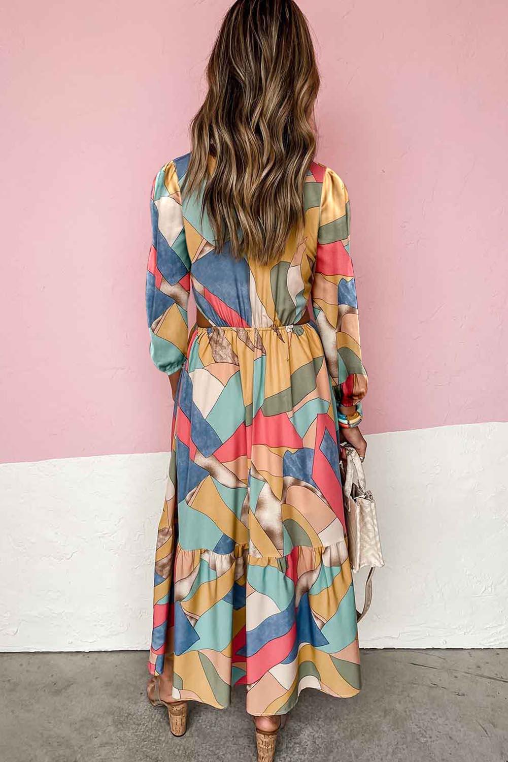 Multicolor Abstract Print O-ring Cut out Long Sleeve Maxi Dress - L & M Kee, LLC