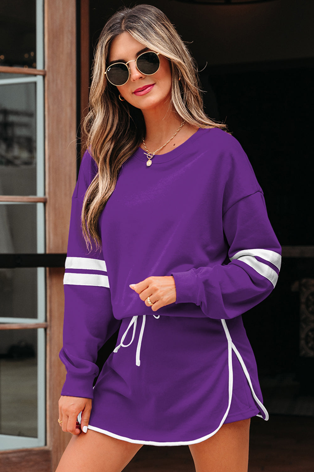 Tillandsia Purple Varsity Stripe Detail Drop Shoulder Pullover Mini Skirt Set