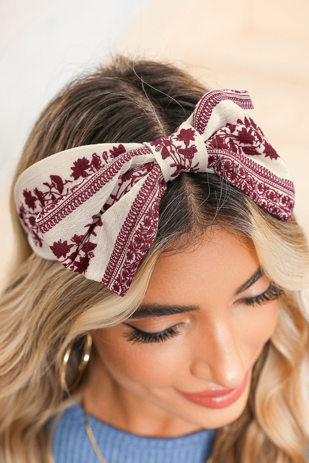 Coral Retro Floral Vine Printed Bow Knot Headband