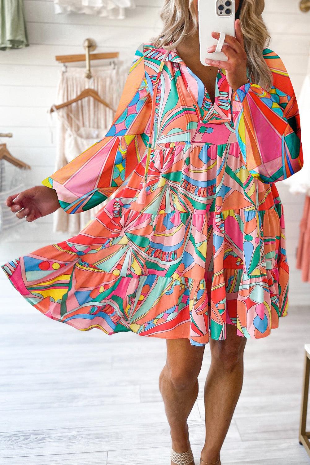 Multicolor Geometric Abstract Print Long Sleeve Shirt Dress - L & M Kee, LLC