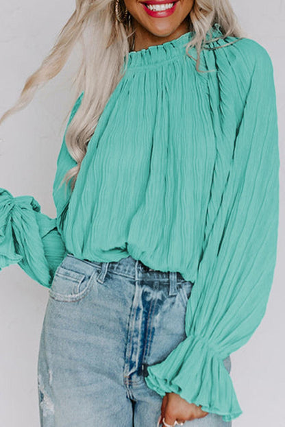 Green Striking Pleated Flared Cuff Long Sleeve Blouse - L & M Kee, LLC