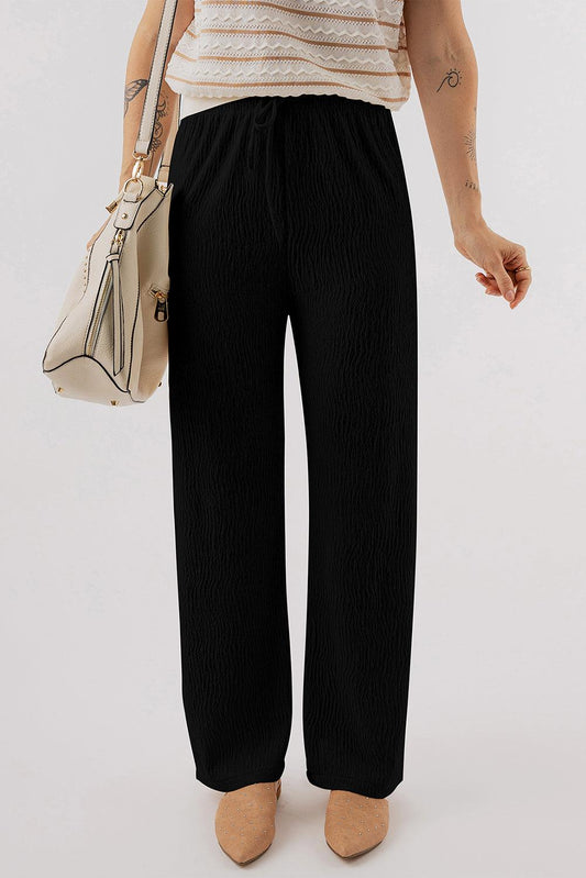 Black Textured Loose Drawstring Pants - L & M Kee, LLC