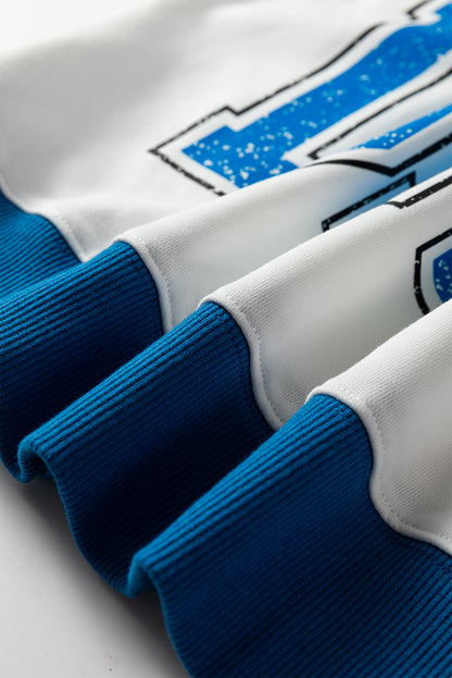 White GAME DAY Letter Graphic Varsity Striped Detail Baggy Sweatshirt