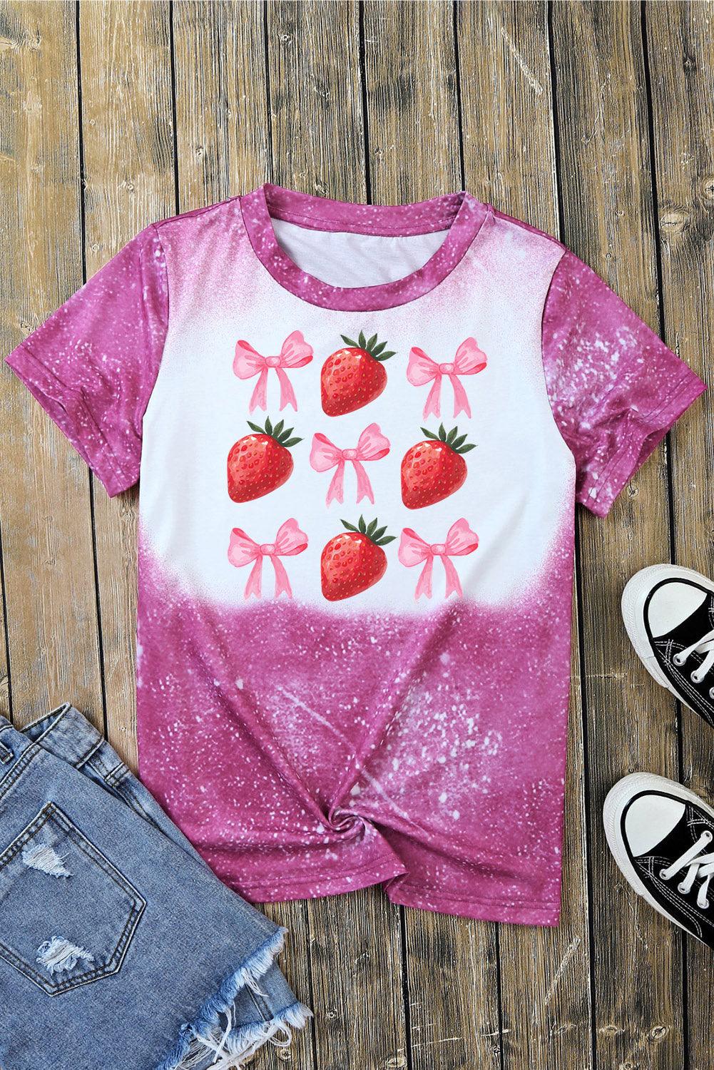 Rose Strawberry Bow Knot Bleach Print O Neck Casual Tee - L & M Kee, LLC