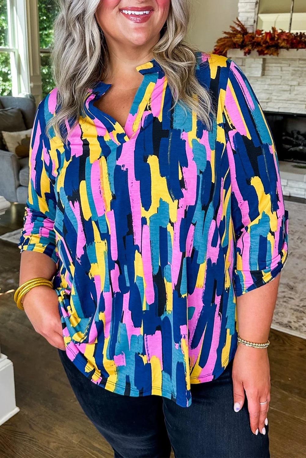 Blue Plus Size Brushstroke Print 3/4 Sleeve Blouse - L & M Kee, LLC