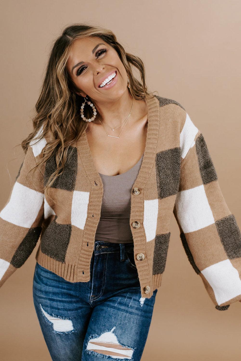 Brown Checkered Knit Ribbed Trim Buttoned Plus Cardigan - L & M Kee, LLC