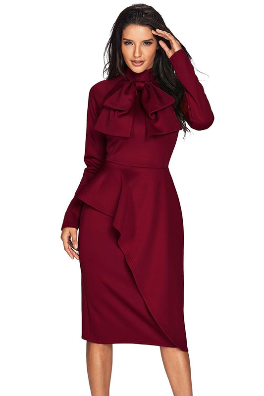 Burgundy Asymmetric Peplum Style Pussy Bow Dress - L & M Kee, LLC