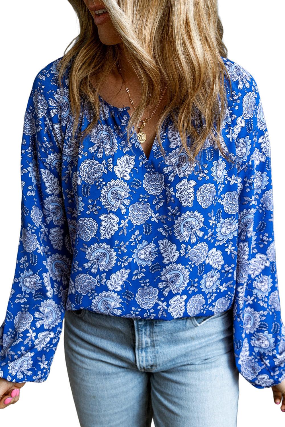 Blue Floral Notched V-Neck Long Sleeve Blouse - L & M Kee, LLC