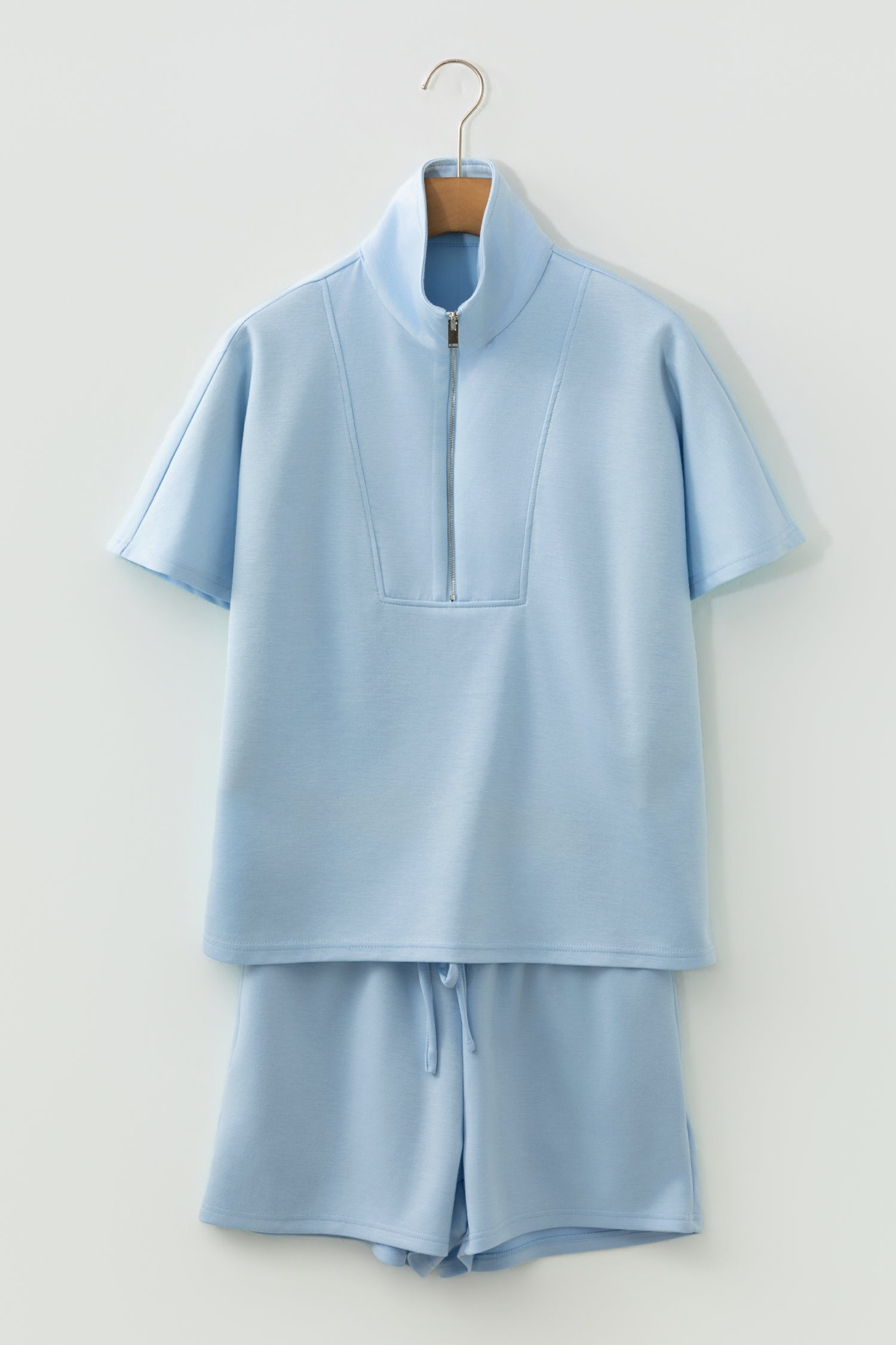 Beau Blue Solid Color Half Zip Loose Short Sleeve Sweatshirt 2pcs Set