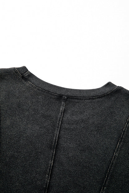 Black Exposed Seam Ribbed Long Sleeve Top