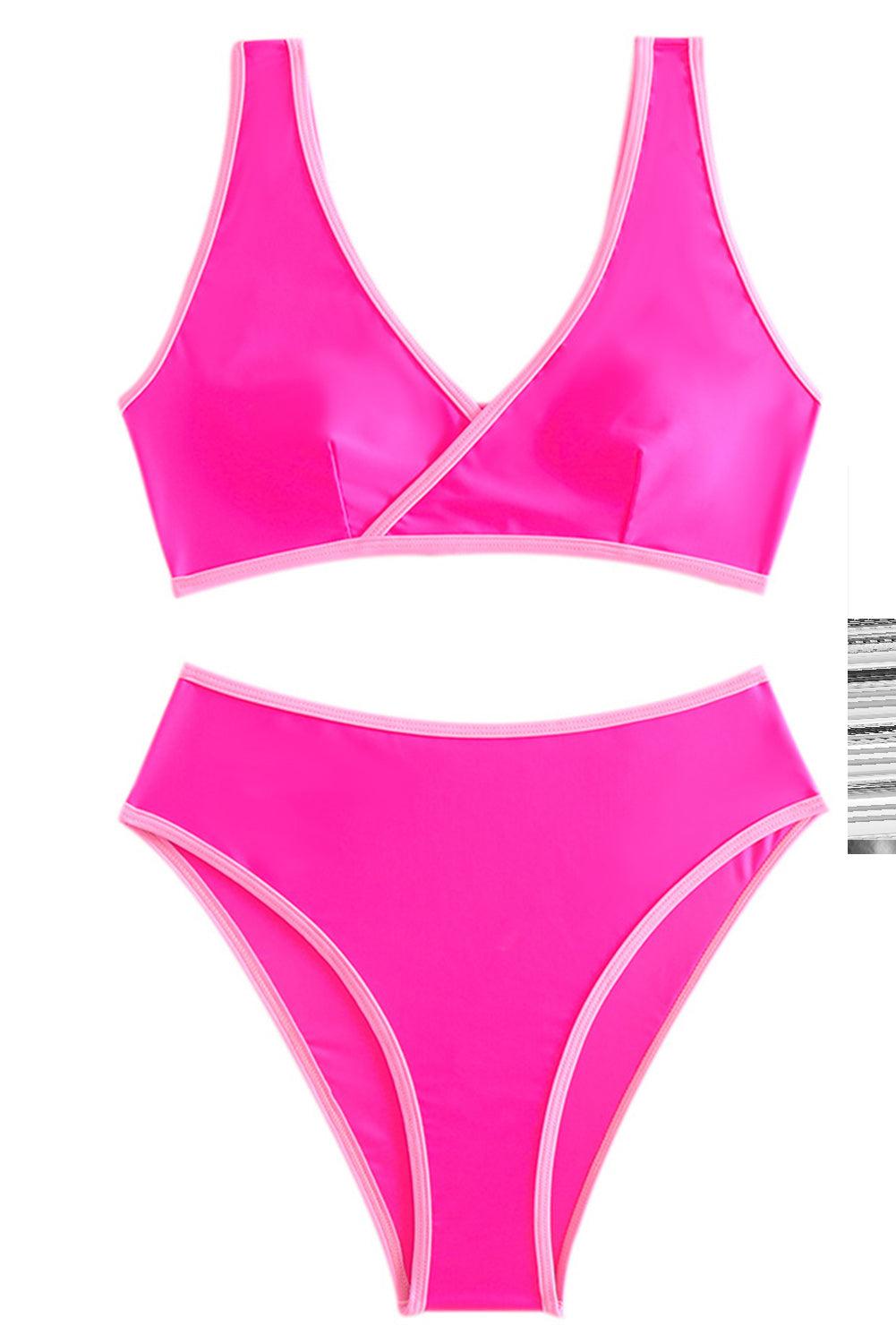 Rose Red Contrast Trim Wrapped Cheeky Bikini Swimsuit