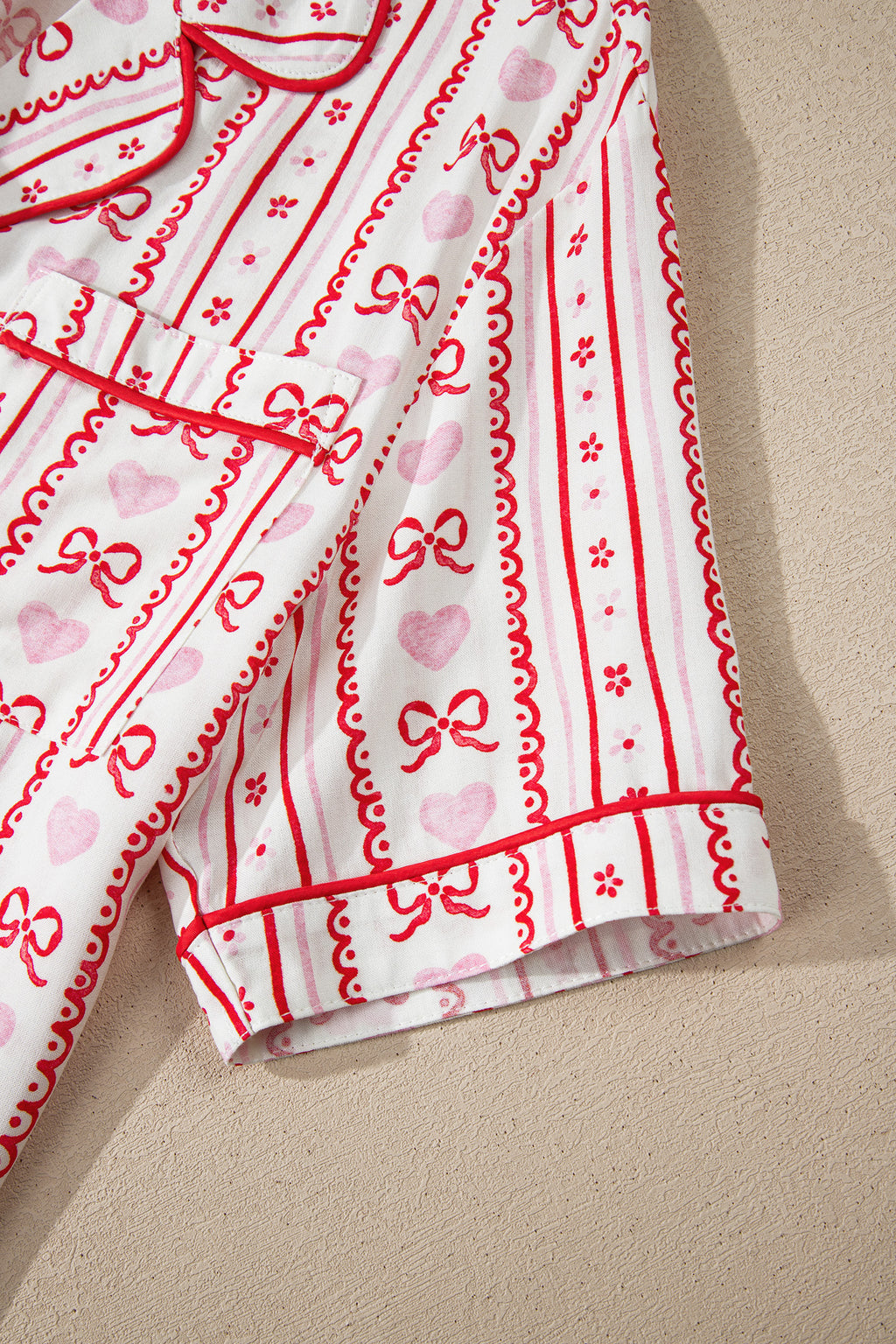 Red Cute Bow Heart Print Ribbon Decor Short 2pcs Pajama Set