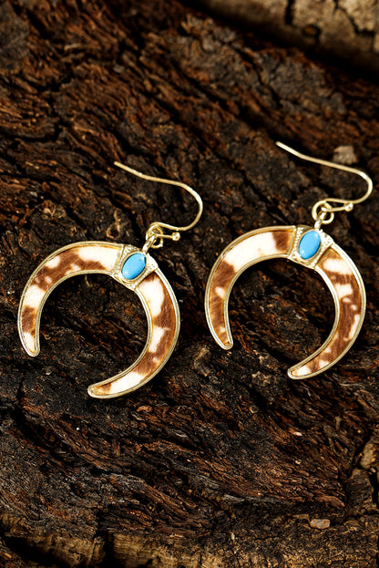 Chestnut Cow Print Turquoise Inlay Crescent Shaped Dangle Earrings