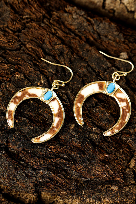 Chestnut Cow Print Turquoise Inlay Crescent Shaped Dangle Earrings