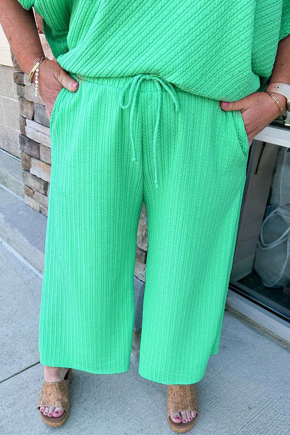 Mint Green Textured Batwing Sleeve Tee Wide Leg Pants Plus Size Set - L & M Kee, LLC