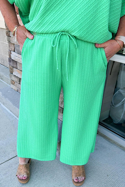 Mint Green Textured Batwing Sleeve Tee Wide Leg Pants Plus Size Set - L & M Kee, LLC