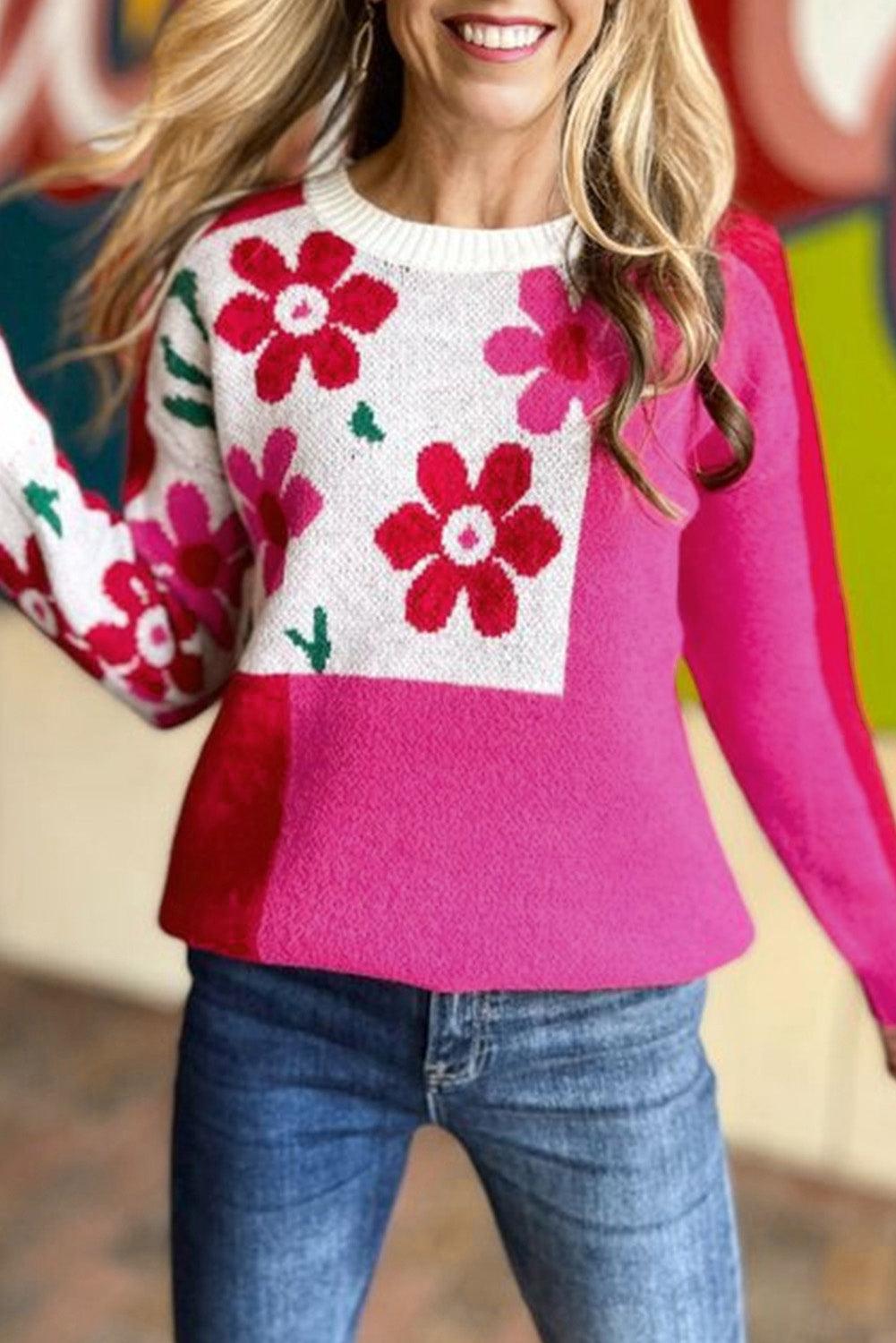 Rose Red Floral Mixed Color Block Sweater - L & M Kee, LLC