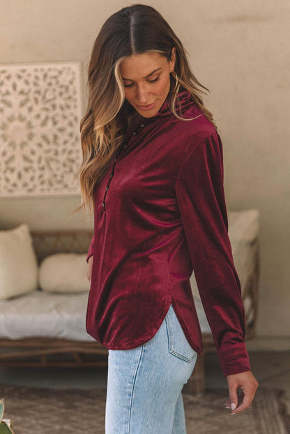 Burgundy Frilled Neck Buttoned Front Velvet Top - L & M Kee, LLC