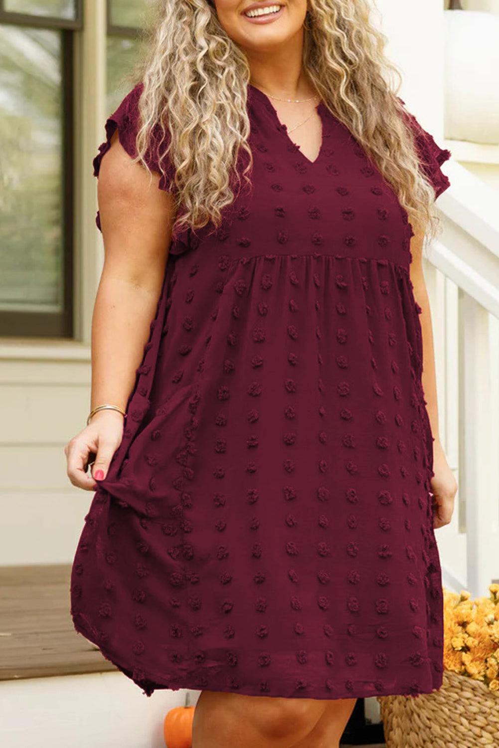 Burgundy Plus Size Swiss Dot Ruffled Sleeve V Neck Dress - L & M Kee, LLC