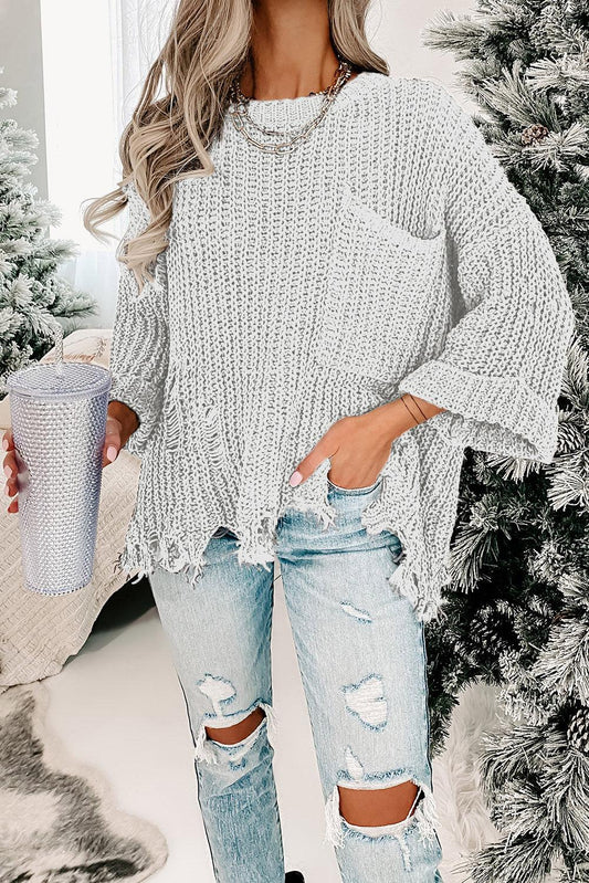 Bright White Ripped Raw Hem Chunky Pullover Sweater - L & M Kee, LLC