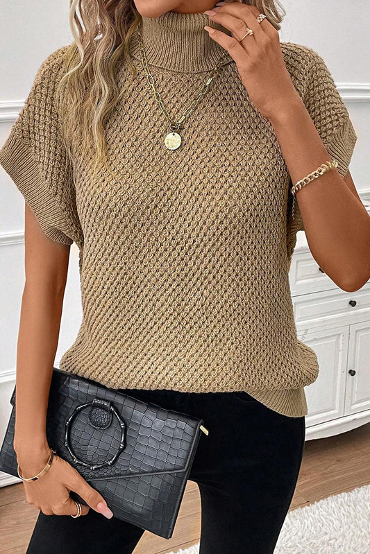 Pale Khaki Turtleneck Textured Short Sleeve Sweater - L & M Kee, LLC