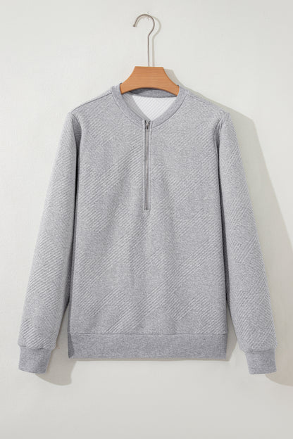 Medium Grey Trendy Textured Half Zip Loose Sweatshirt