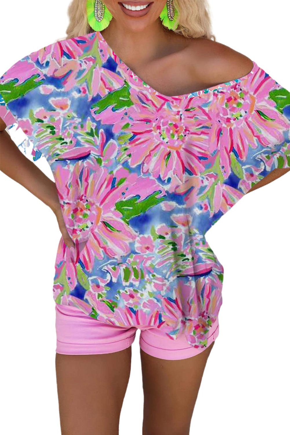 Pink Abstract Floral Print Notch V Neck Rolled Short Sleeve Blouse - L & M Kee, LLC