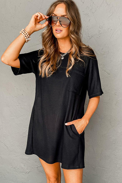 Black Waffle Knit T-shirt Dress with Pockets - L & M Kee, LLC