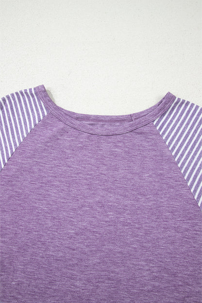 Tillandsia Purple Contrast Print Striped Raglan Long Sleeve Loose Top